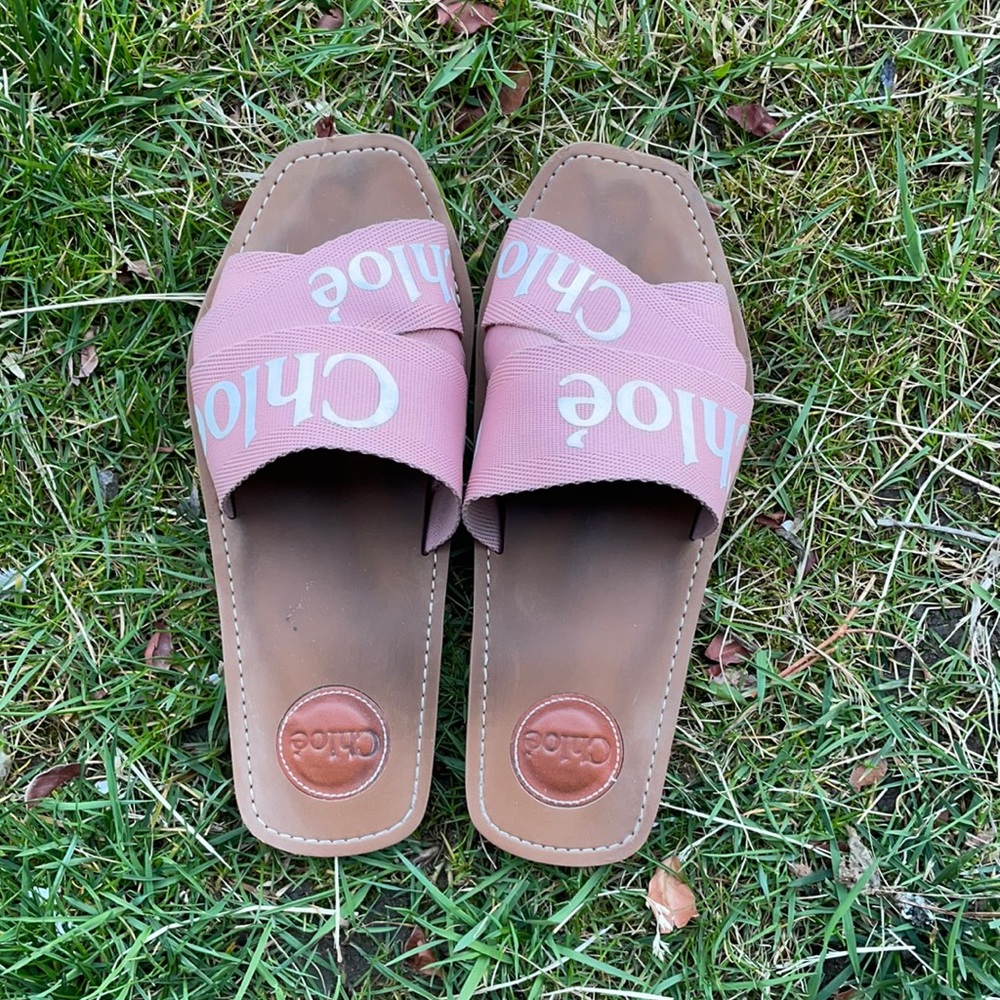 Chloe pink woody logo strap sandals
